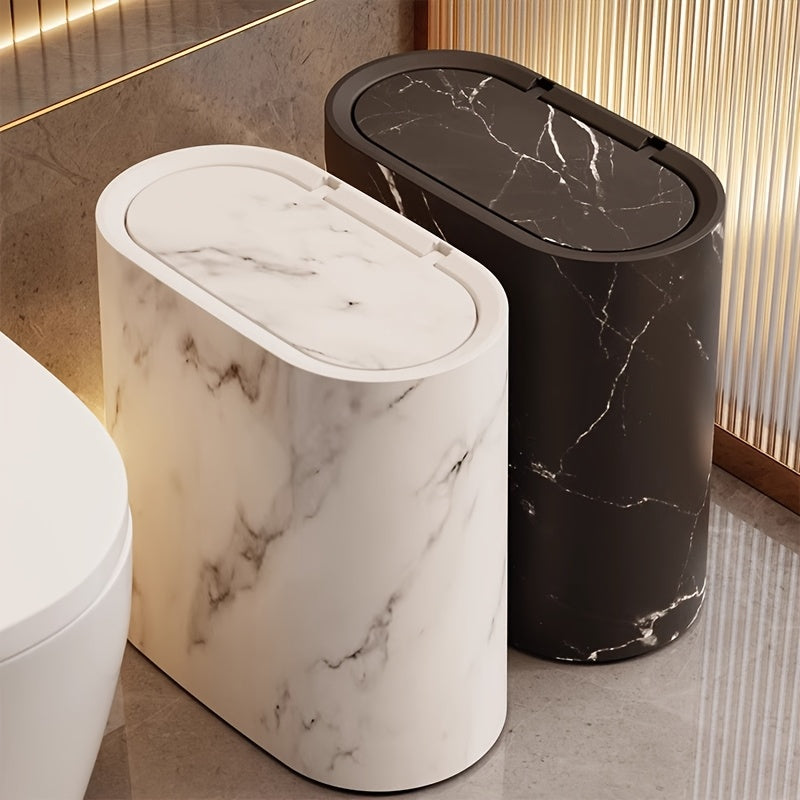 Vena | Marble Trash Can with Lid, Slim Oval Bathroom Wastebasket, Modern Kitchen and Office Bin