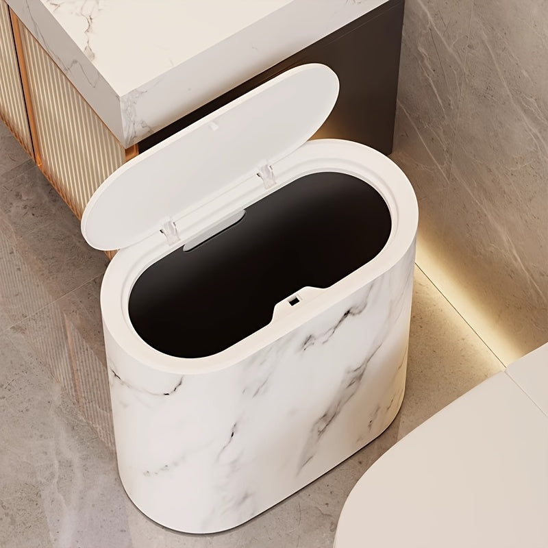 Vena | Marble Trash Can with Lid, Slim Oval Bathroom Wastebasket, Modern Kitchen and Office Bin