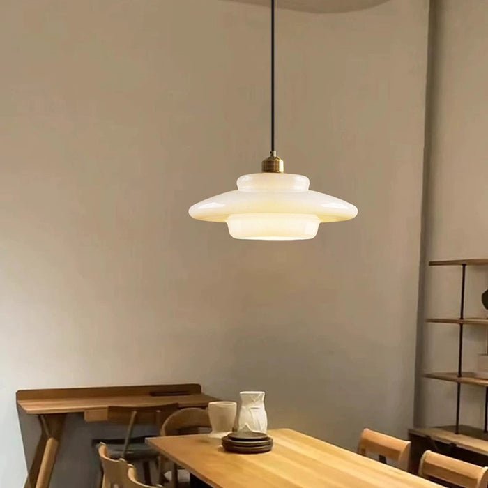 Alba | Milk Glass Pendant Light, Tiered White Glass Hanging Lamp with Brass, Mid Century Dining Light