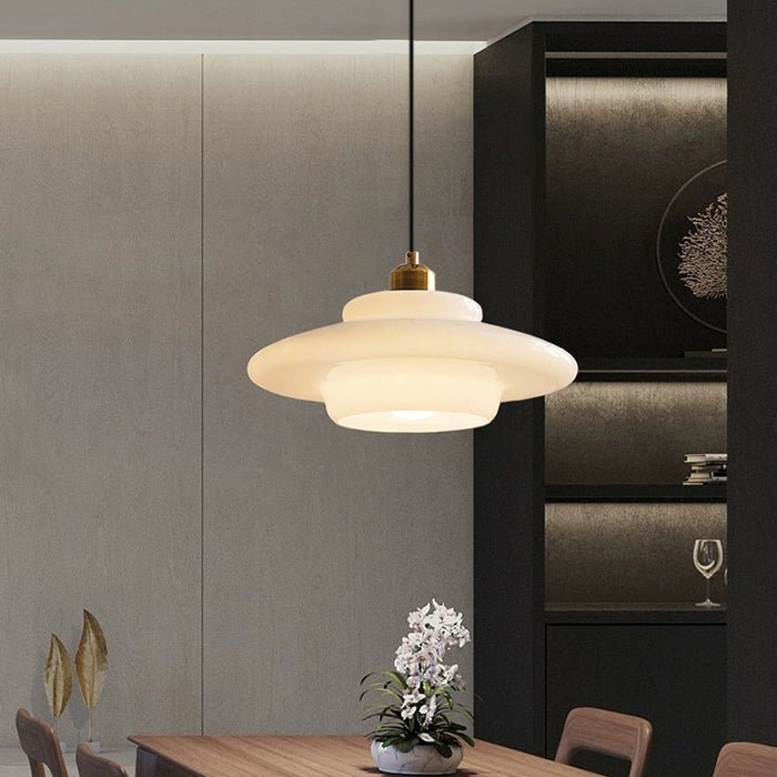 Alba | Milk Glass Pendant Light, Tiered White Glass Hanging Lamp with Brass, Mid Century Dining Light