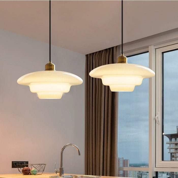 Alba | Milk Glass Pendant Light, Tiered White Glass Hanging Lamp with Brass, Mid Century Dining Light