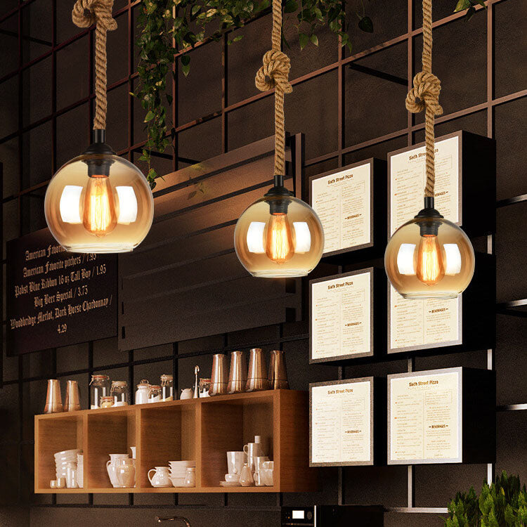 Vintage Rope | Glass Globe Pendant Light, Rustic Farmhouse Rope Hanging Lamp for Kitchen Island