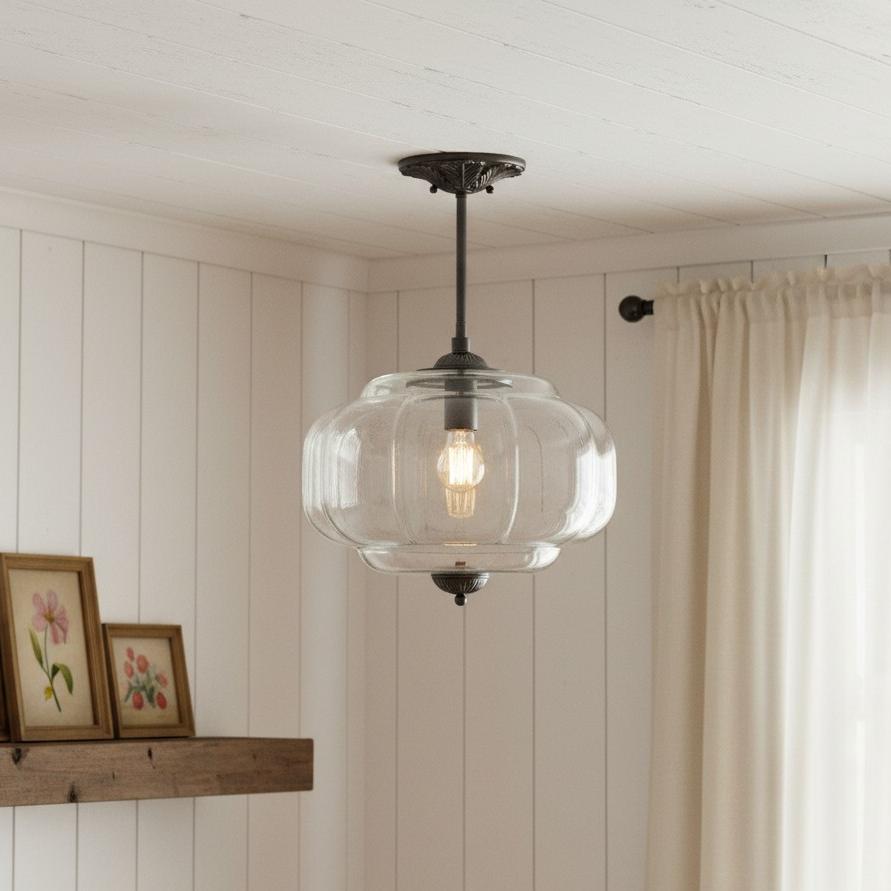 Juniper | Pumpkin Glass Pendant Light, Antique Brass Semi Flush Ceiling Light, Ribbed Colored Glass