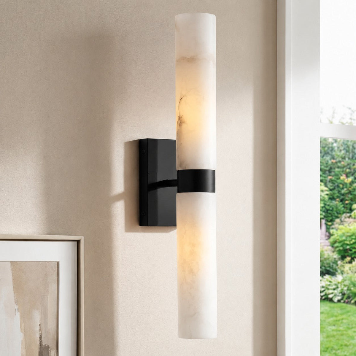 Dani | Alabaster Wall Sconce, Double Tube Bathroom Vanity Light, Modern Brass Wall Light for Bedroom