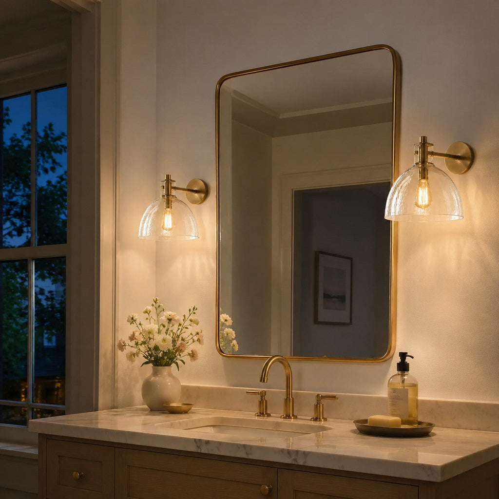 Xeno | Glass Wall Sconce, Antique Brass Bathroom Vanity Light, 1 to 3 Light Farmhouse Wall Light