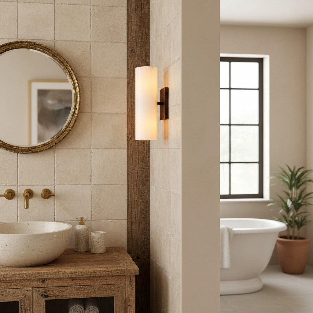 Doran | Alabaster Tube Wall Sconce, Modern Stone Wall Light, Bathroom Vanity and Bedside Sconce