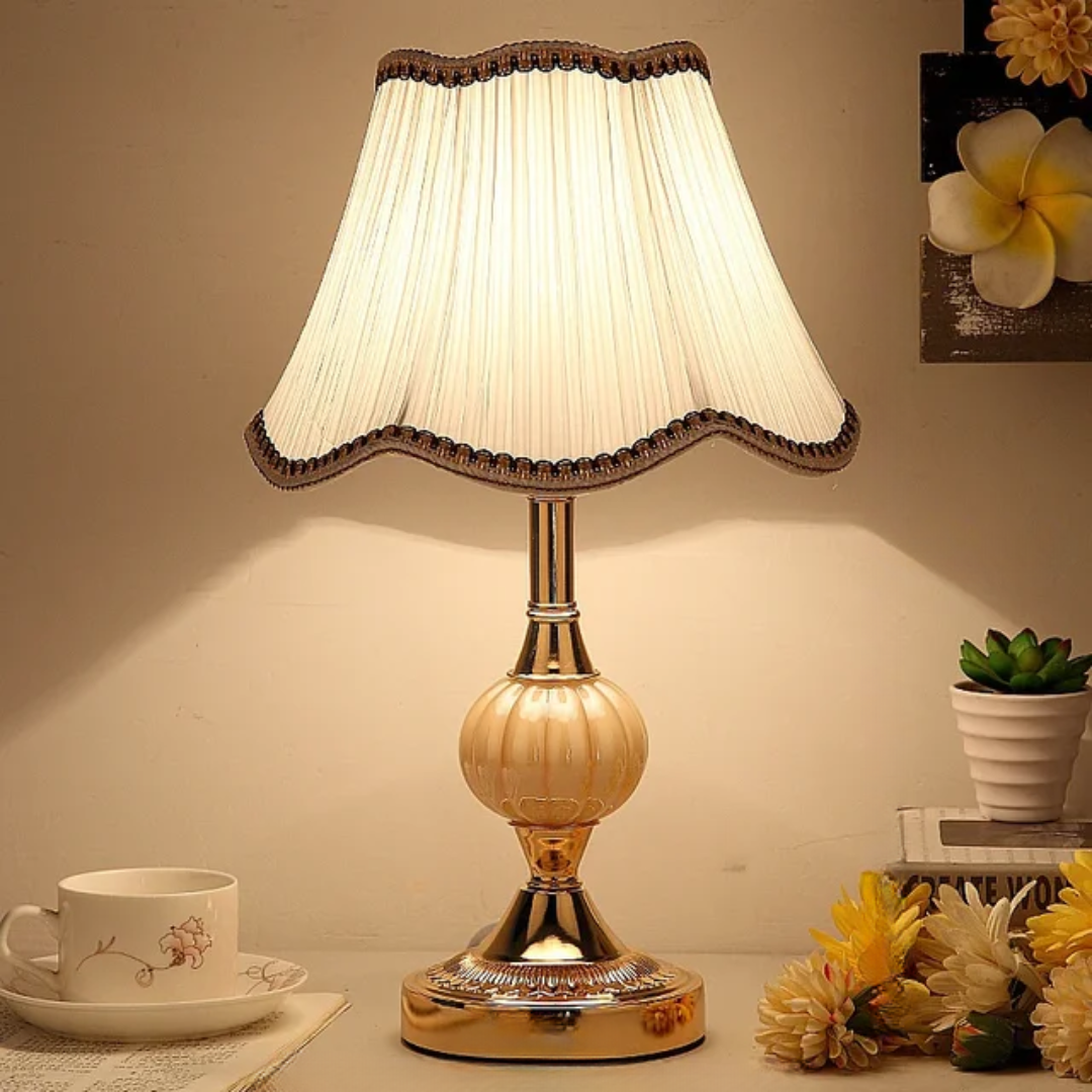 Rosalie | Vintage Table Lamp, Floral Fabric Shade Bedside Lamp with Gold Base, Cottage Nightstand Lamp