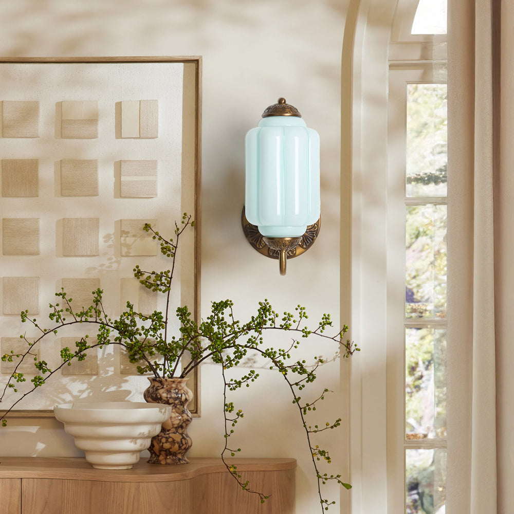 Opaline | Milk Glass Wall Sconce, Vintage Brass Bathroom Vanity Light, Ribbed Glass Bedroom Wall Light