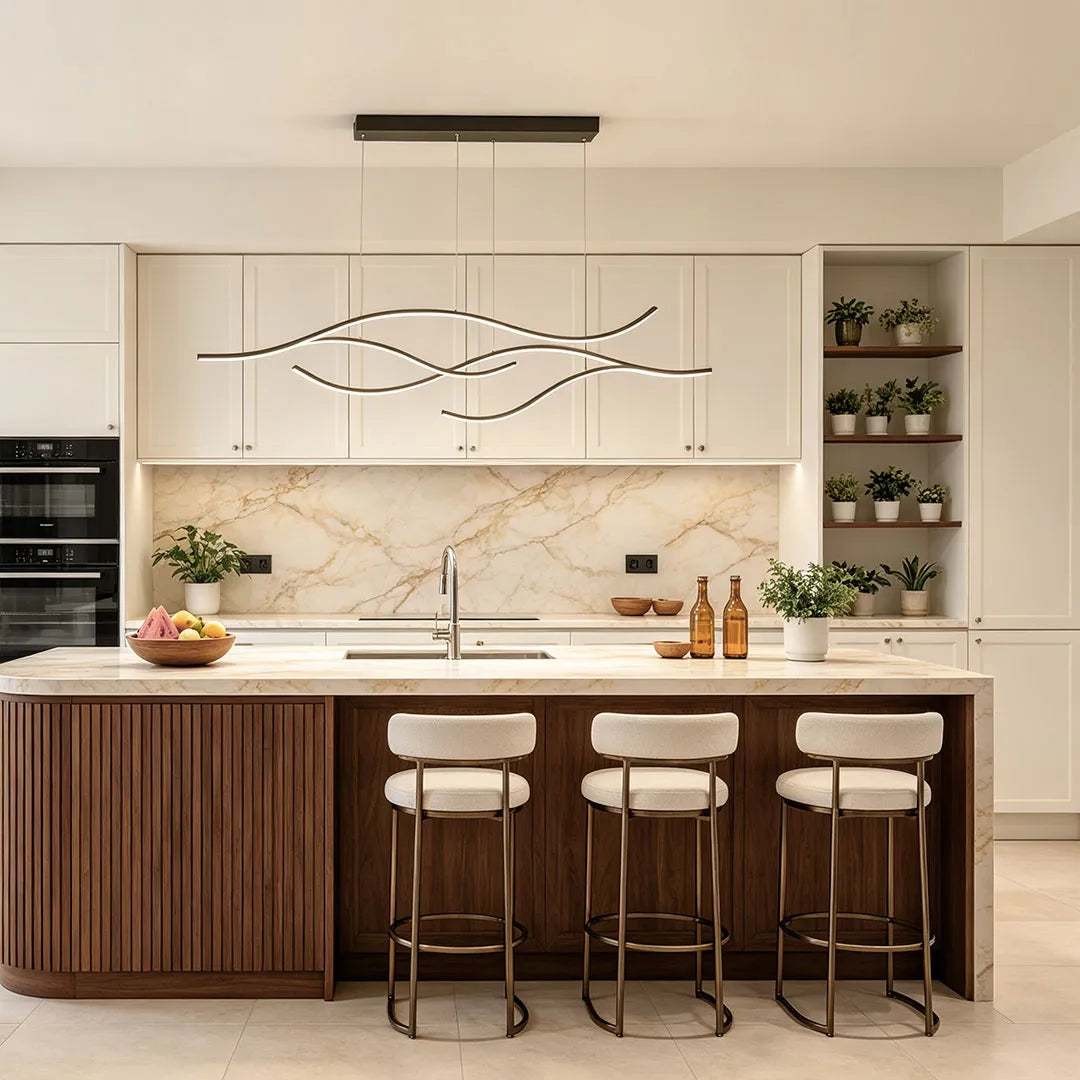 Ripple | Wavy LED Pendant Light, Modern Linear Chandelier for Kitchen Island, Dimmable Hanging Light Fixture