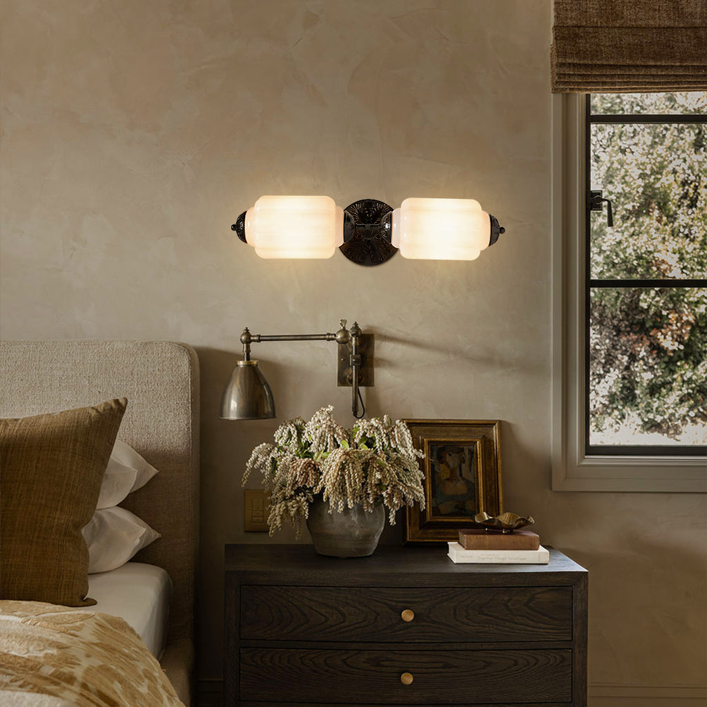 Deauville | Art Deco Vanity Light, 2 Light Milk Glass Bathroom Light Fixture, Vintage Brass Wall Light