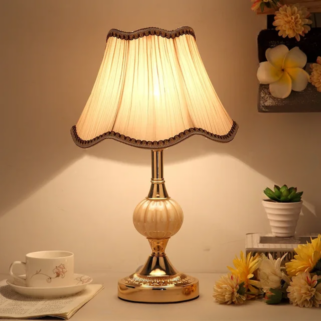 Rosalie | Vintage Table Lamp, Floral Fabric Shade Bedside Lamp with Gold Base, Cottage Nightstand Lamp