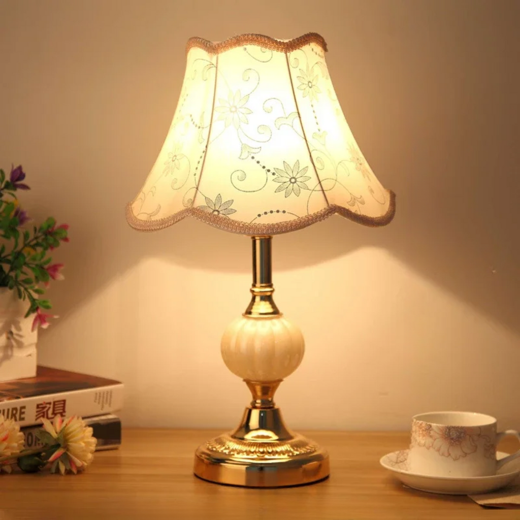 Rosalie | Vintage Table Lamp, Floral Fabric Shade Bedside Lamp with Gold Base, Cottage Nightstand Lamp