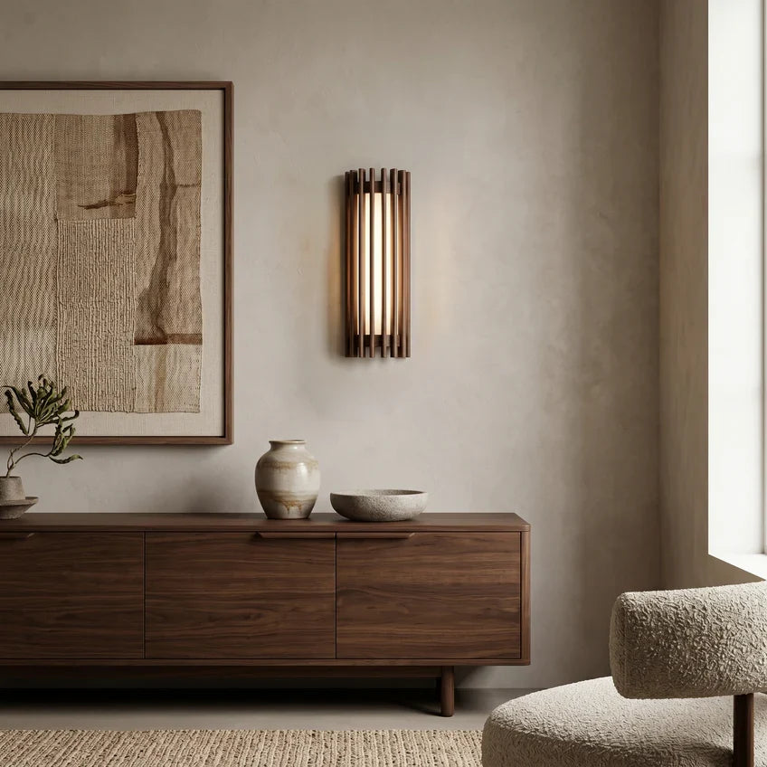 Walnut Slat | Wood Wall Sconce, Japandi LED Wall Light, Mid Century Modern Wall Lamp for Bedroom