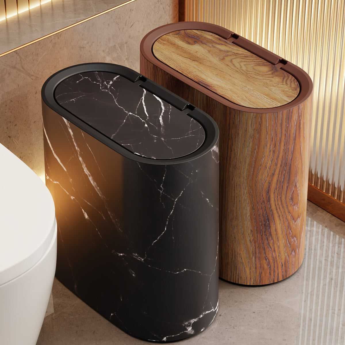 Vena | Marble Trash Can with Lid, Slim Oval Bathroom Wastebasket, Modern Kitchen and Office Bin
