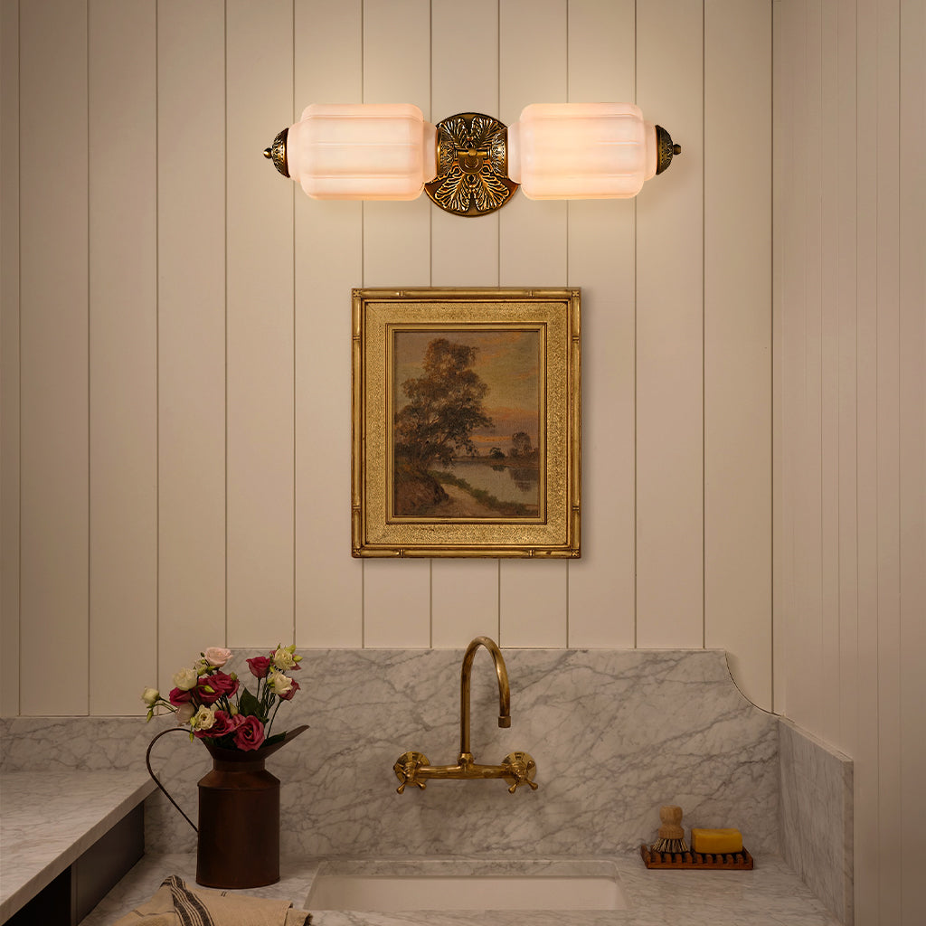 Deauville | Art Deco Vanity Light, 2 Light Milk Glass Bathroom Light Fixture, Vintage Brass Wall Light