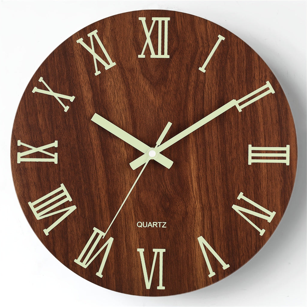 Nocturne | Glow in the Dark Wall Clock, Silent Walnut Wood Look Clock, Luminous Bedroom Clock
