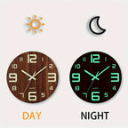 Nocturne | Glow in the Dark Wall Clock, Silent Walnut Wood Look Clock, Luminous Bedroom Clock