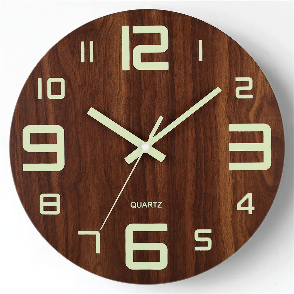 Nocturne | Glow in the Dark Wall Clock, Silent Walnut Wood Look Clock, Luminous Bedroom Clock