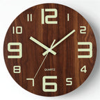 Nocturne | Glow in the Dark Wall Clock, Silent Walnut Wood Look Clock, Luminous Bedroom Clock