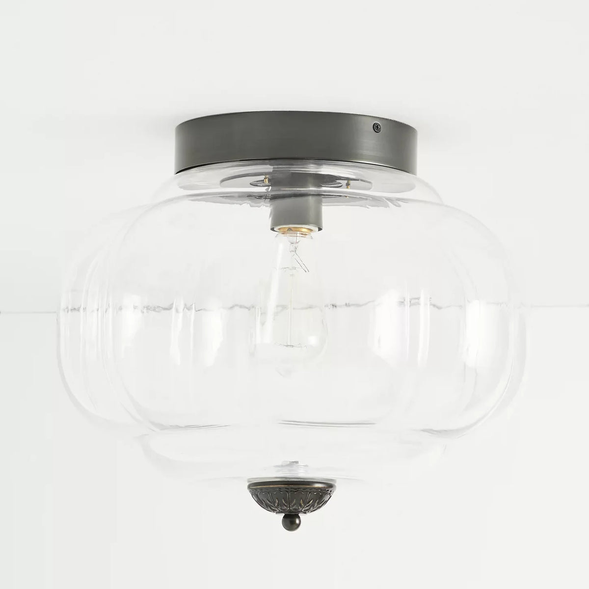 Clementine | Milk Glass Semi Flush Mount Ceiling Light, Vintage Pumpkin Glass Light Fixture, Brass