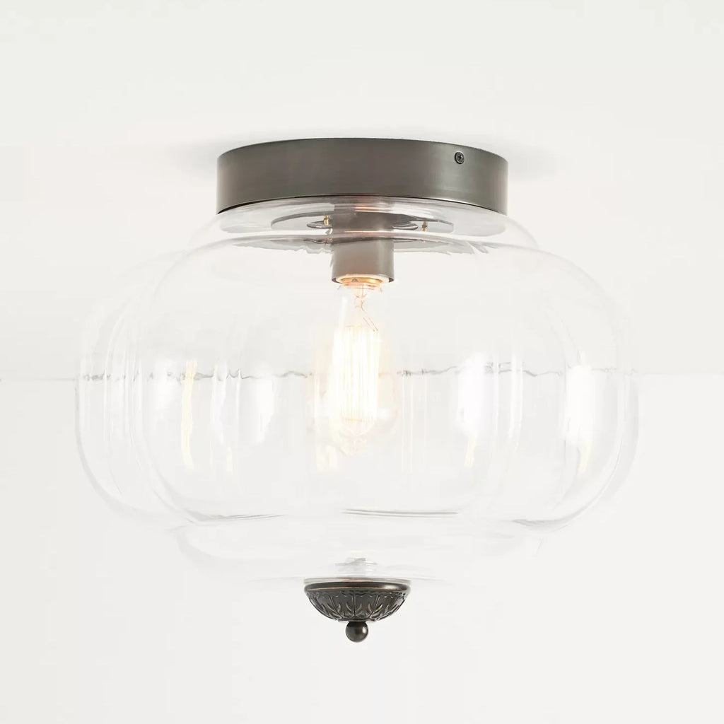 Clementine | Milk Glass Semi Flush Mount Ceiling Light, Vintage Pumpkin Glass Light Fixture, Brass