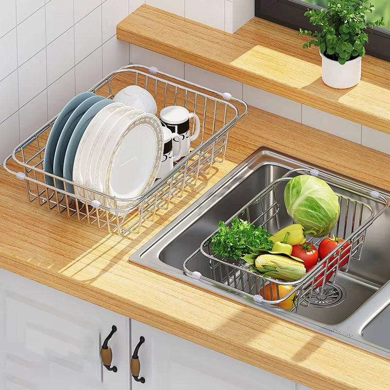 Expandable | Stainless Steel Over Sink Dish Rack, Adjustable Sink Drainer Basket, Space Saving Kitchen Organizer