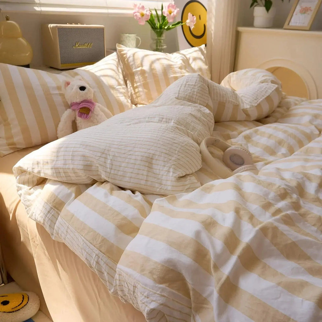 Eve | Washed Cotton Crepe Striped Quilt Set | Breathable Cozy Cotton Bedding
