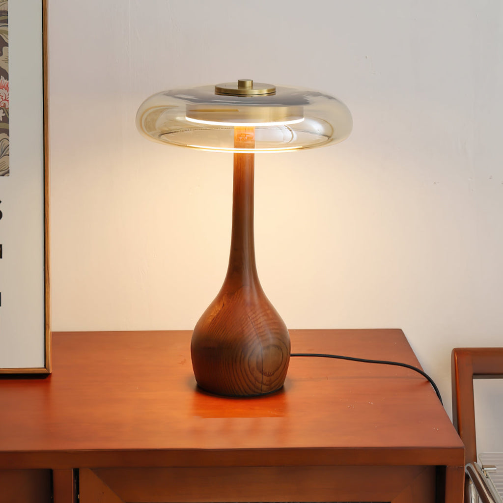 Andi | Glass Mushroom Table Lamp, Walnut Wood Bedside Lamp, 3 Color Plug In Desk Lamp