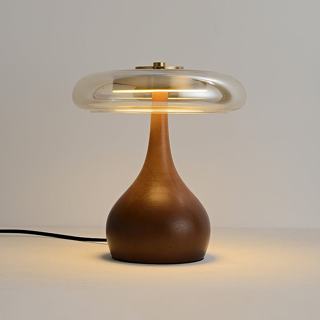 Andi | Glass Mushroom Table Lamp, Walnut Wood Bedside Lamp, 3 Color Plug In Desk Lamp