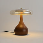 Andi | Glass Mushroom Table Lamp, Walnut Wood Bedside Lamp, 3 Color Plug In Desk Lamp