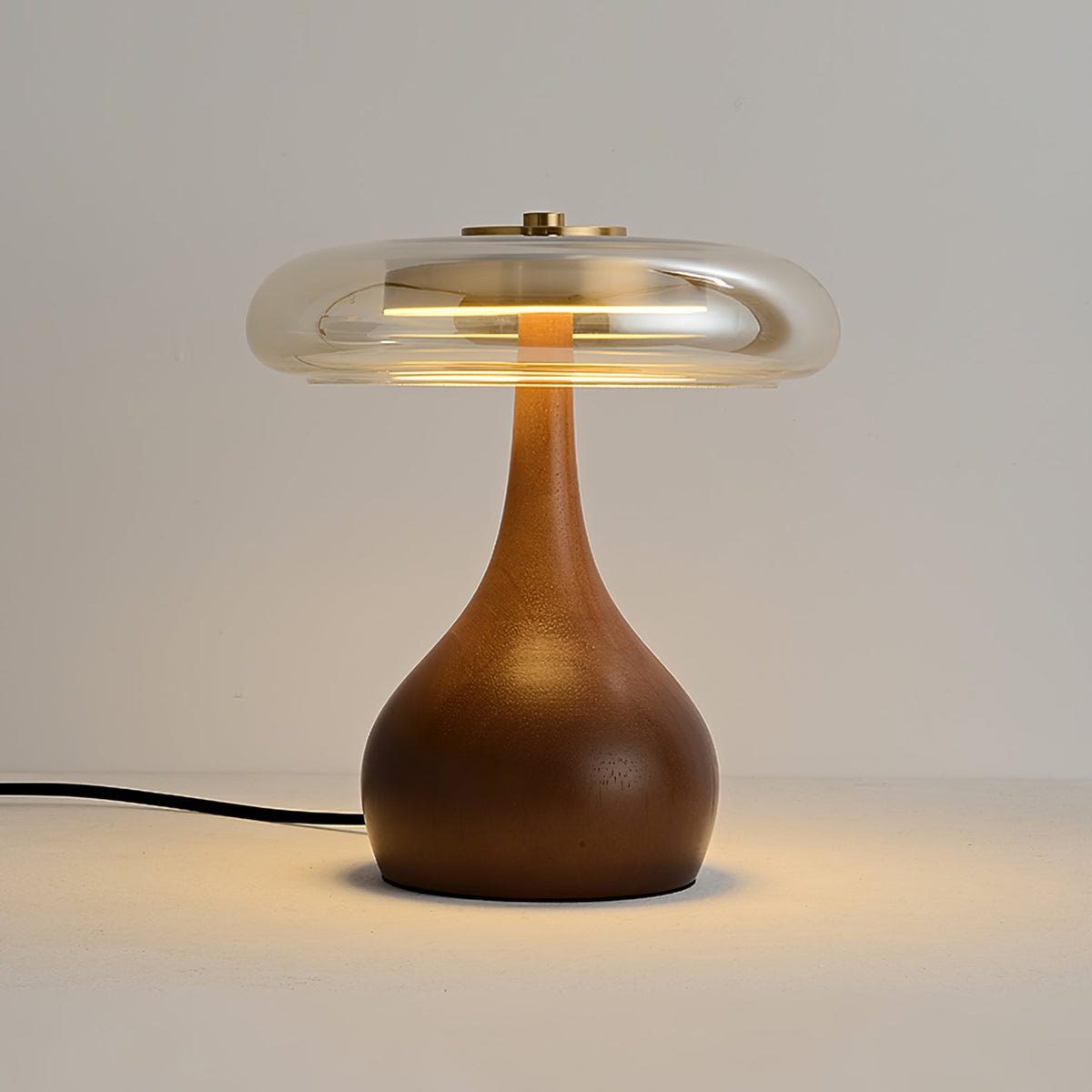 Andi | Glass Mushroom Table Lamp, Walnut Wood Bedside Lamp, 3 Color Plug In Desk Lamp