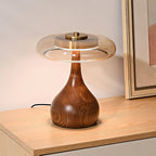 Andi | Glass Mushroom Table Lamp, Walnut Wood Bedside Lamp, 3 Color Plug In Desk Lamp