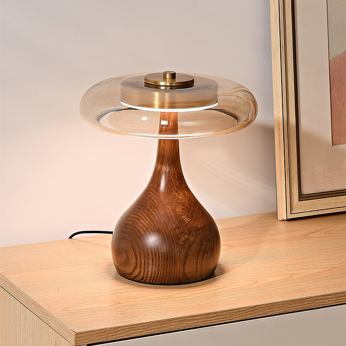 Andi | Glass Mushroom Table Lamp, Walnut Wood Bedside Lamp, 3 Color Plug In Desk Lamp