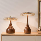 Andi | Glass Mushroom Table Lamp, Walnut Wood Bedside Lamp, 3 Color Plug In Desk Lamp