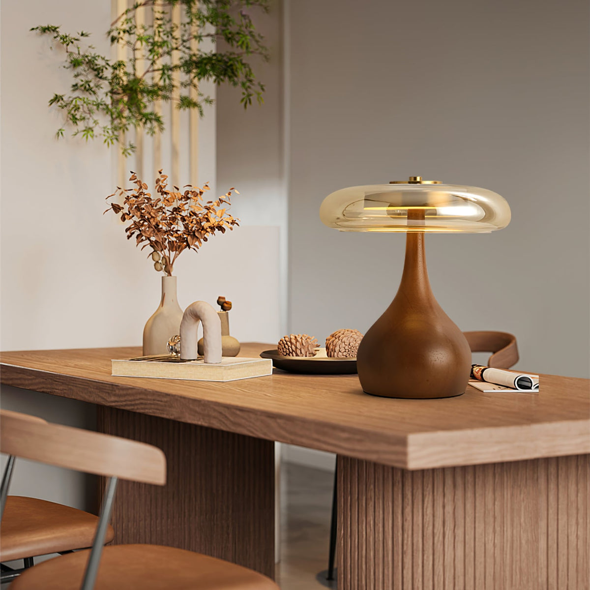 Andi | Glass Mushroom Table Lamp, Walnut Wood Bedside Lamp, 3 Color Plug In Desk Lamp