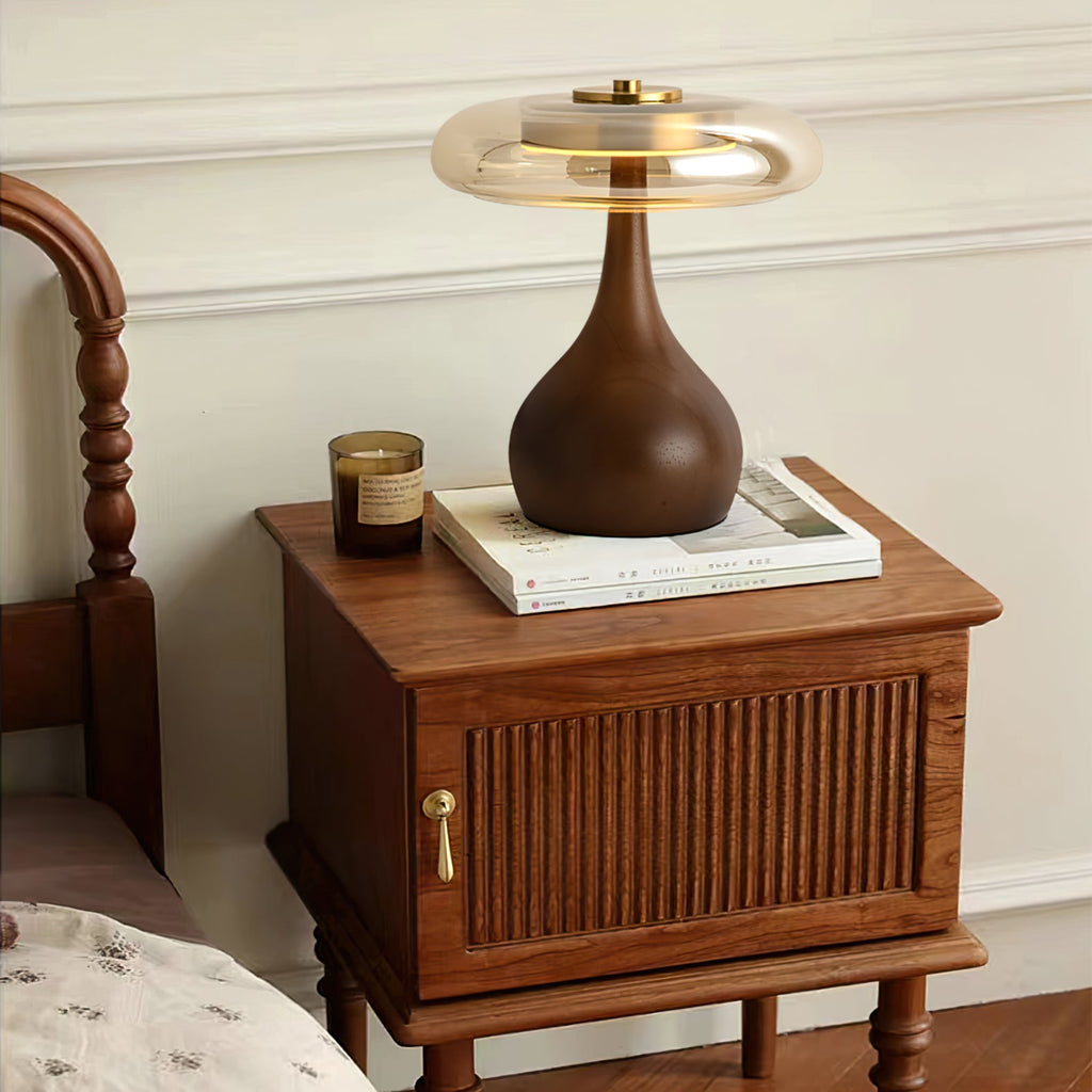 Andi | Glass Mushroom Table Lamp, Walnut Wood Bedside Lamp, 3 Color Plug In Desk Lamp