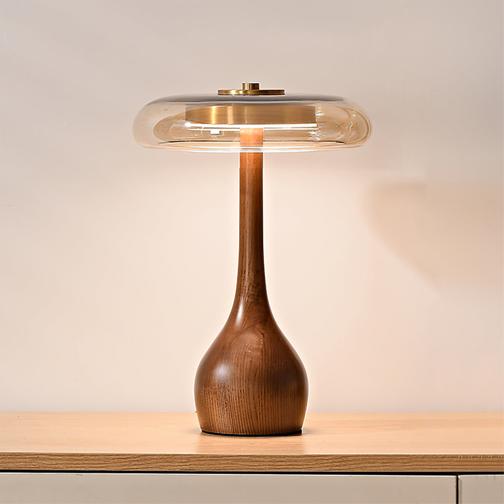 Andi | Glass Mushroom Table Lamp, Walnut Wood Bedside Lamp, 3 Color Plug In Desk Lamp
