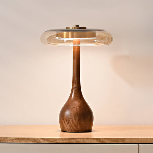 Andi | Glass Mushroom Table Lamp, Walnut Wood Bedside Lamp, 3 Color Plug In Desk Lamp