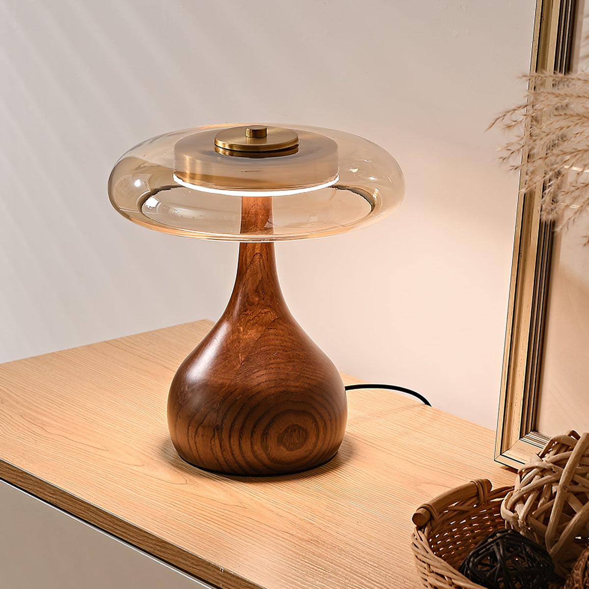 Andi | Glass Mushroom Table Lamp, Walnut Wood Bedside Lamp, 3 Color Plug In Desk Lamp