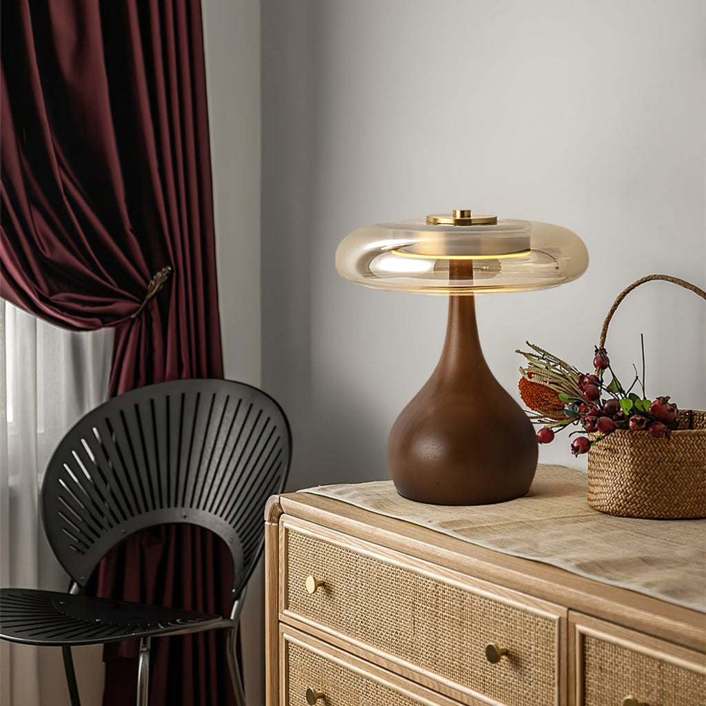 Andi | Glass Mushroom Table Lamp, Walnut Wood Bedside Lamp, 3 Color Plug In Desk Lamp