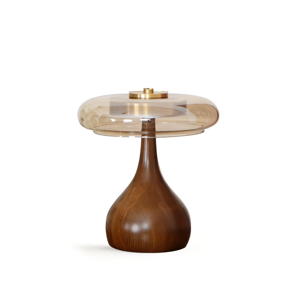 Andi | Glass Mushroom Table Lamp, Walnut Wood Bedside Lamp, 3 Color Plug In Desk Lamp
