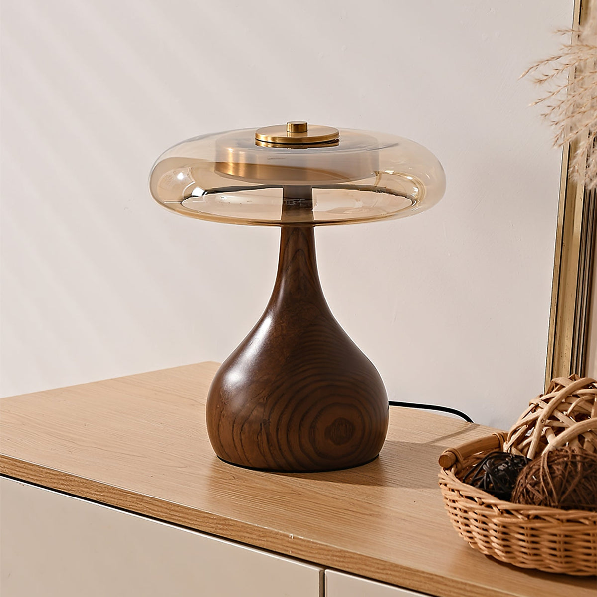 Andi | Glass Mushroom Table Lamp, Walnut Wood Bedside Lamp, 3 Color Plug In Desk Lamp