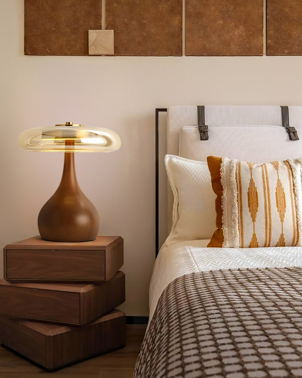 Andi | Glass Mushroom Table Lamp, Walnut Wood Bedside Lamp, 3 Color Plug In Desk Lamp