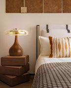 Andi | Glass Mushroom Table Lamp, Walnut Wood Bedside Lamp, 3 Color Plug In Desk Lamp