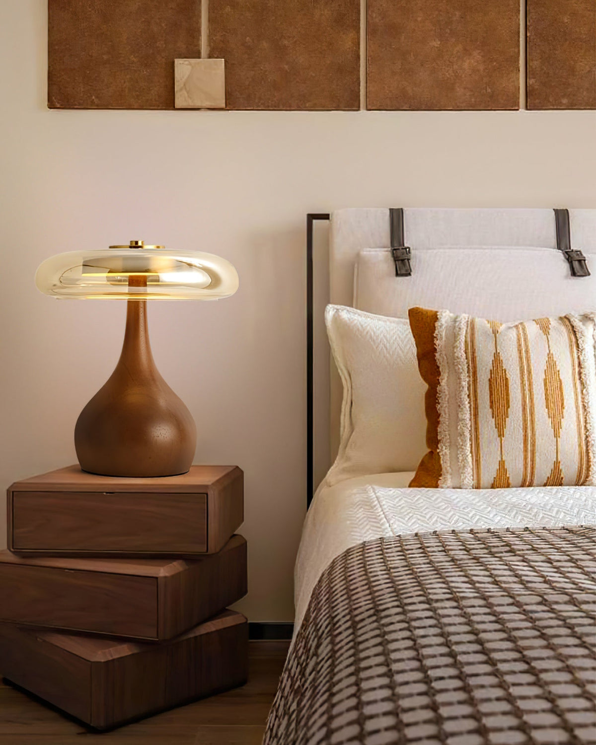 Andi | Glass Mushroom Table Lamp, Walnut Wood Bedside Lamp, 3 Color Plug In Desk Lamp