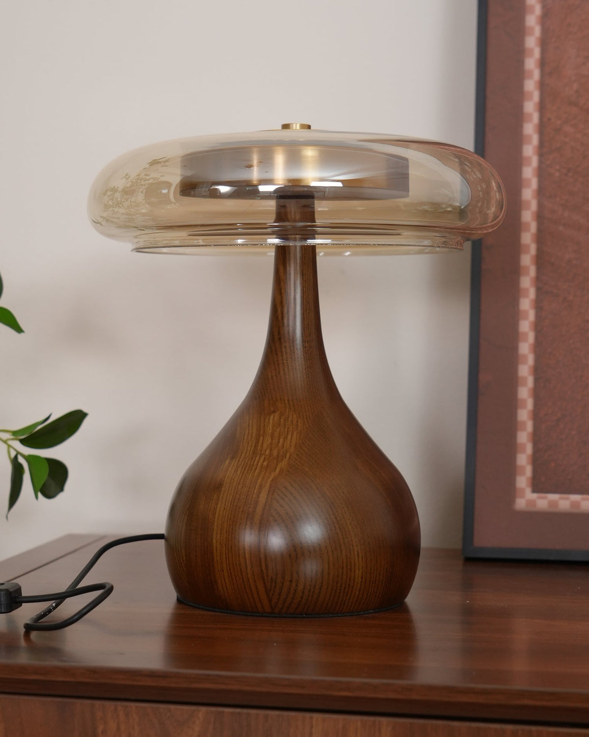 Andi | Glass Mushroom Table Lamp, Walnut Wood Bedside Lamp, 3 Color Plug In Desk Lamp