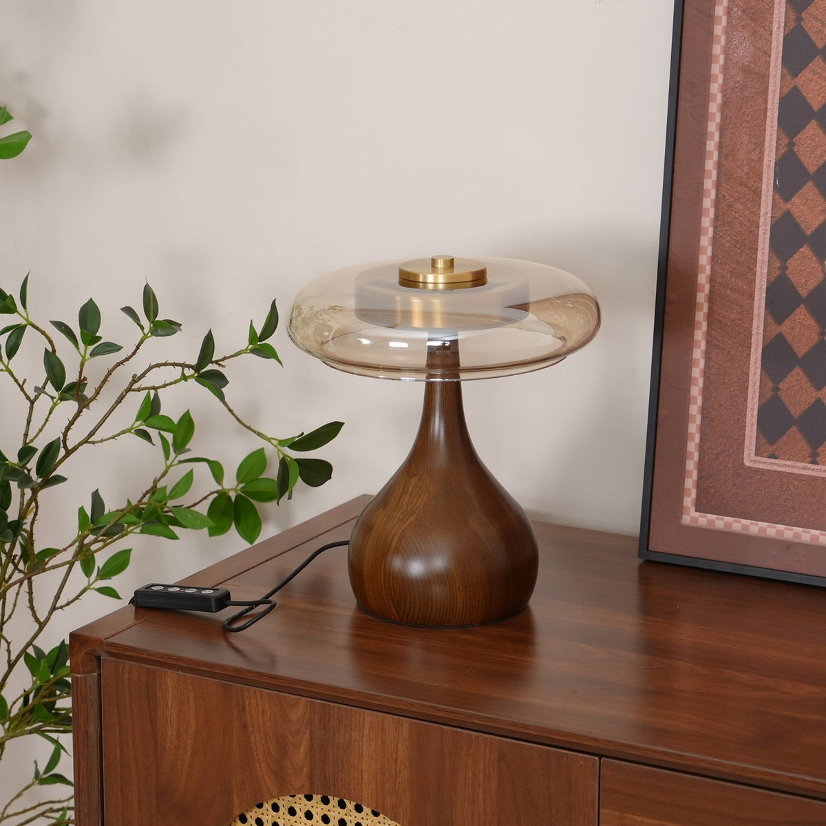 Andi | Glass Mushroom Table Lamp, Walnut Wood Bedside Lamp, 3 Color Plug In Desk Lamp