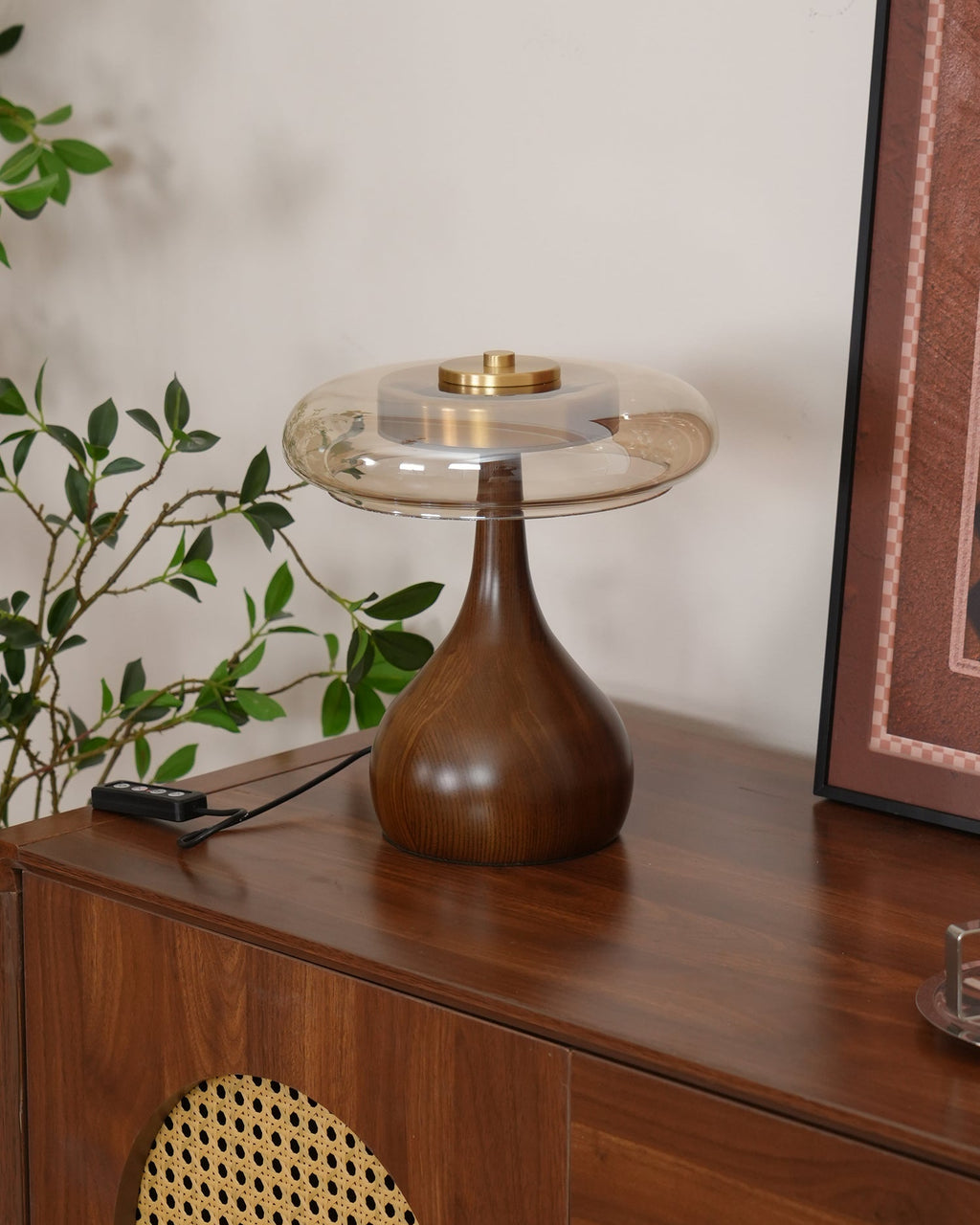 Andi | Glass Mushroom Table Lamp, Walnut Wood Bedside Lamp, 3 Color Plug In Desk Lamp