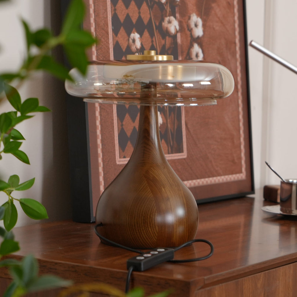 Andi | Glass Mushroom Table Lamp, Walnut Wood Bedside Lamp, 3 Color Plug In Desk Lamp