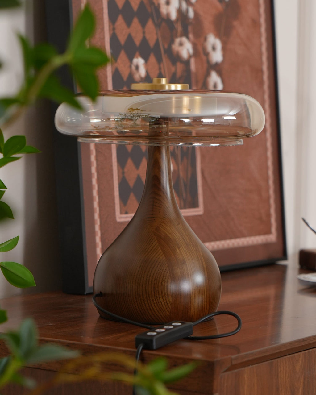 Andi | Glass Mushroom Table Lamp, Walnut Wood Bedside Lamp, 3 Color Plug In Desk Lamp